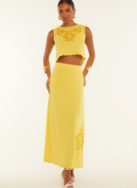 Conjunto Feminino Blusa Cropped E Saia Bordadas De Viscose