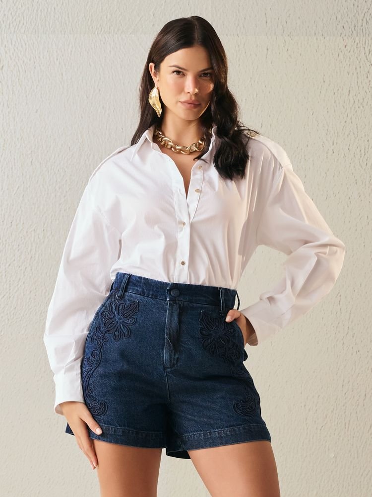 Shorts Feminino Alfaiataria Jeans Com Bordado - De Algodão Jeans