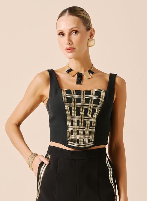 Blusa Feminina Corset Com Tachas Hot Fix De Poliéster Tecido