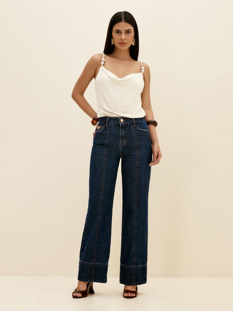 Calça Feminina Miriam Com Barra Larga - De Algodão Jeans Feminino Dimy